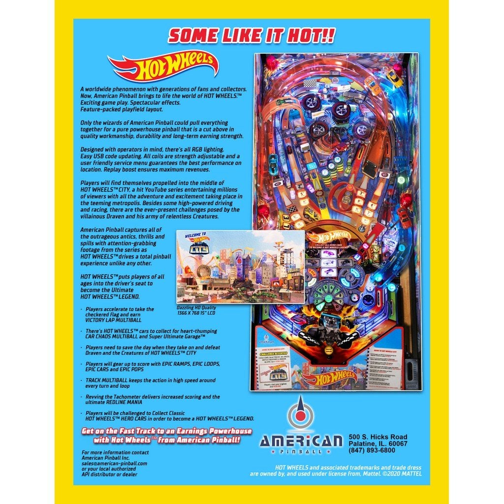 Hot Wheels Pinball Machine American Pinball-American Pinball-Classic (Interior Side Art and Topper)-Game Room Shop