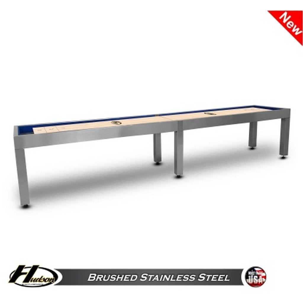 Hudson Brushed Stainless Steel Shuffleboard Table 9'-22' Lengths with Custom Stain Options - Game Room Shop