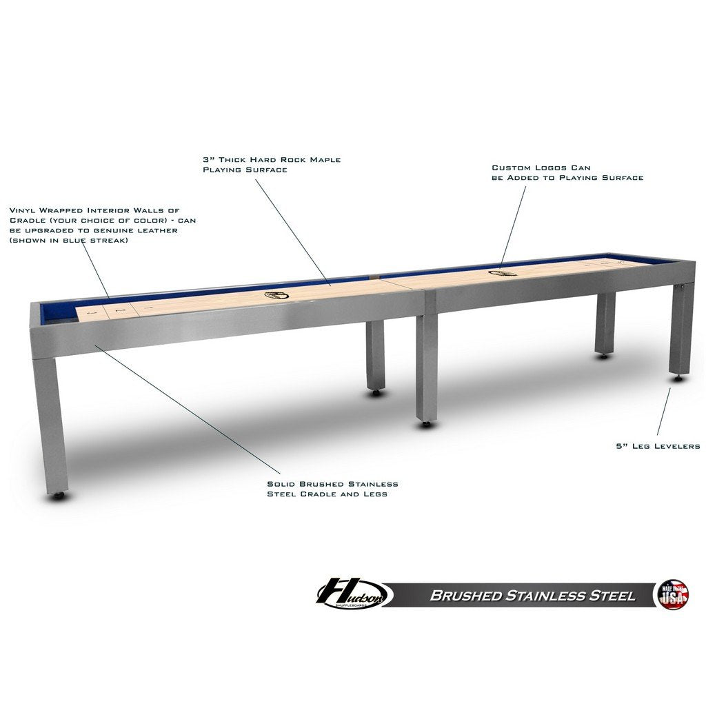 Hudson Brushed Stainless Steel Shuffleboard Table 9'-22' Lengths with Custom Stain Options - Game Room Shop