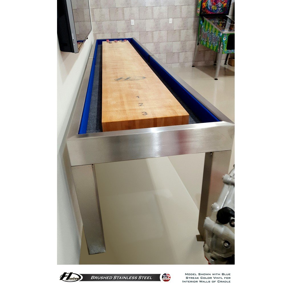 Hudson Brushed Stainless Steel Shuffleboard Table 9'-22' Lengths with Custom Stain Options - Game Room Shop