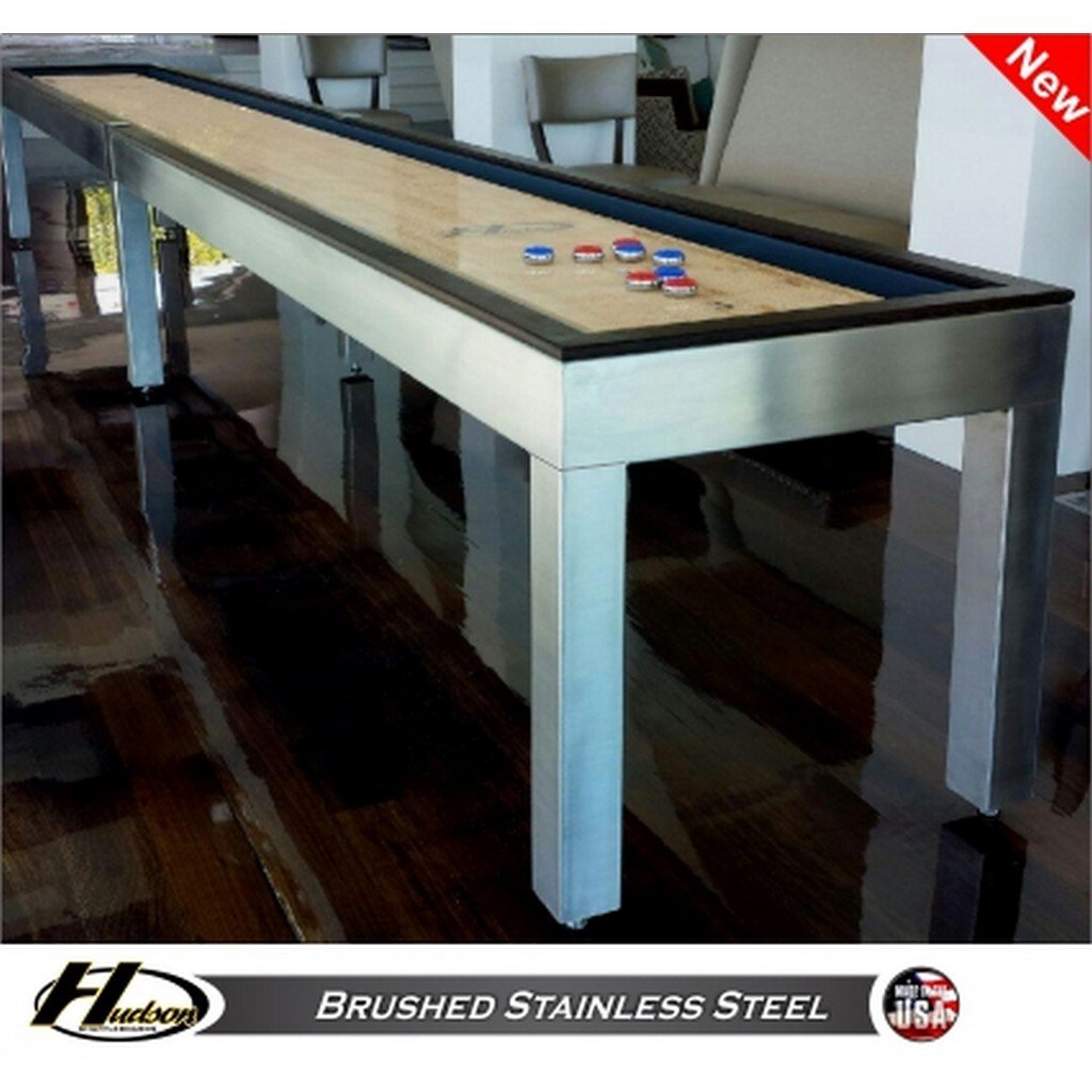 Hudson Brushed Stainless Steel Shuffleboard Table 9'-22' Lengths with Custom Stain Options - Game Room Shop