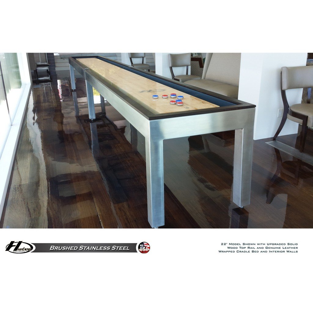 Hudson Brushed Stainless Steel Shuffleboard Table 9'-22' Lengths with Custom Stain Options - Game Room Shop