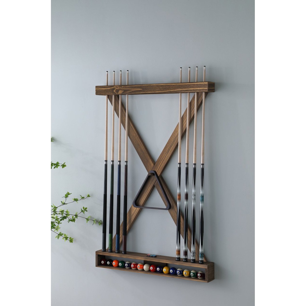 Playcraft X Style Hardwood 8 Cue Billiard Equipment Wall Rack-Billiard Cue Racks-Playcraft-Weathered Bark-Game Room Shop